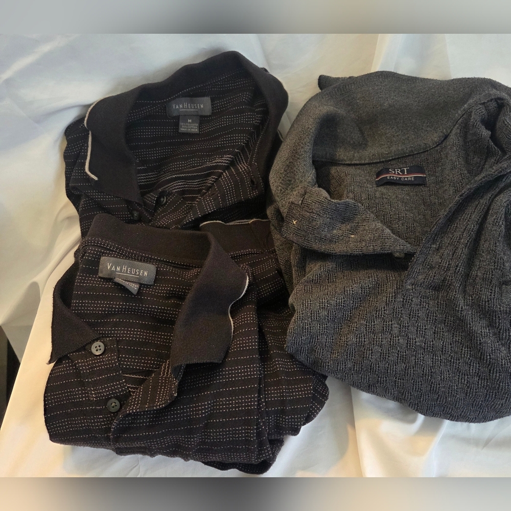 Three Striped Long Sleeve Polos Mens - Med And Large